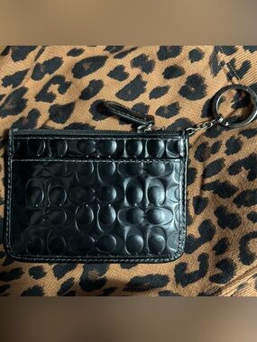 Coach Black Signature Embossed Patent Leather Mini Skinny ID Case / Keychain